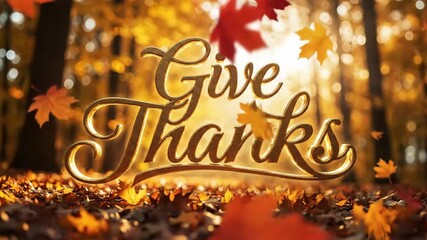 Golden give thanks text on an autumn ground with falling leaves, a Thanksgiving celebration concept animation.