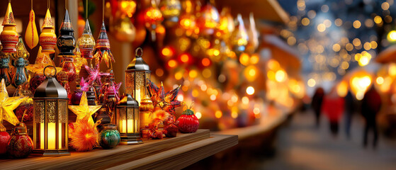 Fototapeta premium Santa’s workshop filled with toys, glowing lanterns and warm colors, magical realism, blurred background, with copy space