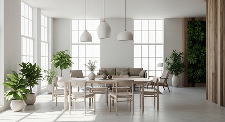 Fototapeta premium Modern lightfilled dining and living area with plants and vertical garden