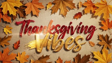 Red textured Thanksgiving word with falling autumn leaves against a light background. Holiday typography with seasonal foliage footage.