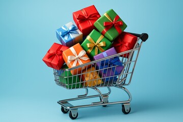 Shopping cart filled with wrapped gift boxes