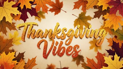 Thanksgiving Vibes greeting with glittering text and falling autumn leaves with copy space, holiday background animation footage. - Powered by Adobe