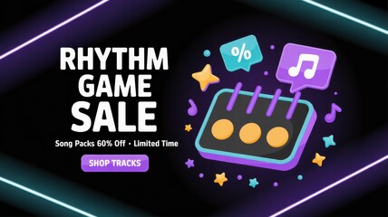 Fototapeta premium 3D Neon Vector Rhythm Game Sale Banner — Purple & Cyan Controller Icon, Song-Pack Promo
