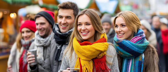 Christmas market with colorful stalls, mulled wine and people in scarves, joyful crowd, blurred background, with copy space