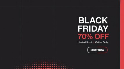 Fototapeta premium Black Friday 70% OFF banner — modern minimalist red & black e‑commerce hero (online‑only, limited stock, Shop Now CTA)