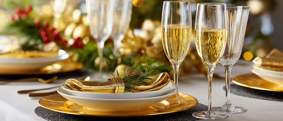 Luxurious holiday table setting with gold cutlery, crystal glasses, champagne, and glittering decor, blurred background, with copy space