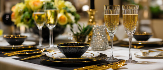 Luxurious holiday table setting with gold cutlery, crystal glasses, champagne, and glittering decor, blurred background, with copy space