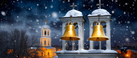 Christmas bells ringing above snowy chapel at night, spiritual warmth, blurred background, with copy space