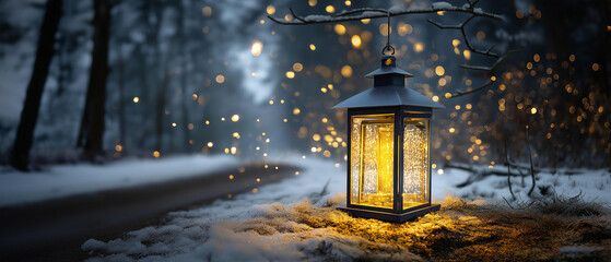 Winter night forest with path lit by glowing lanterns, magical atmosphere, blurred background, with copy space