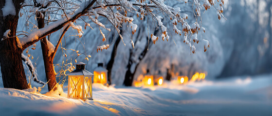 Winter night forest with path lit by glowing lanterns, magical atmosphere, blurred background, with copy space
