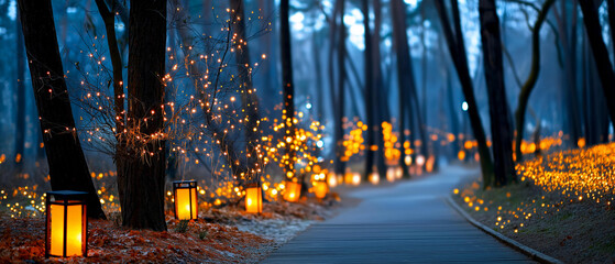 Winter night forest with path lit by glowing lanterns, magical atmosphere, blurred background, with copy space