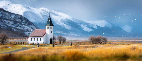 Snow falling over peaceful countryside church, spiritual calm, blurred background, with copy space