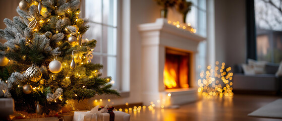 Cozy living room with a glowing Christmas tree, fireplace and warm fairy lights, cinematic lighting, blurred background, with copy space