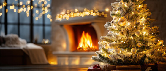 Cozy living room with a glowing Christmas tree, fireplace and warm fairy lights, cinematic lighting, blurred background, with copy space