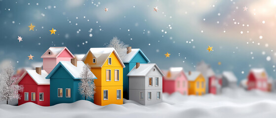 Cute animated-style winter landscape with colorful houses and stars, cheerful tone, blurred background, with copy space