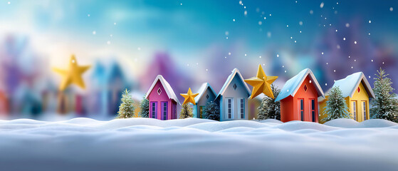 Cute animated-style winter landscape with colorful houses and stars, cheerful tone, blurred background, with copy space