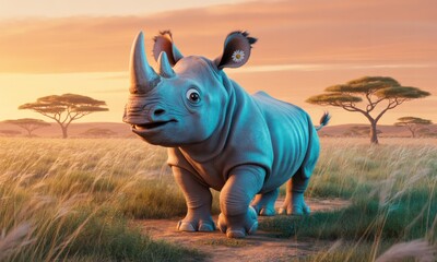 Cute rhino in a savanna sunset