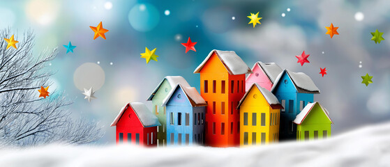 Cute animated-style winter landscape with colorful houses and stars, cheerful tone, blurred background, with copy space