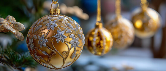 Golden ornaments hanging in soft focus with elegant sparkle, luxury tone, blurred background, with copy space