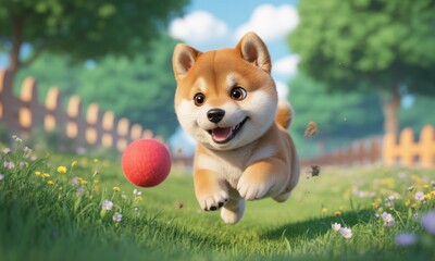 Cute Shiba Inu puppy, leaping, chasing red ball.  Sunny backyard scene