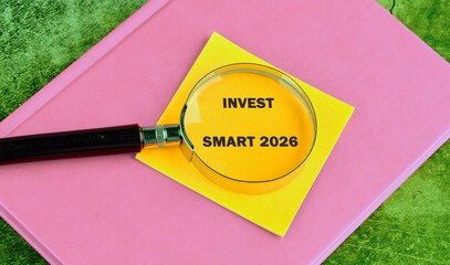A bright yellow sticky note rests under a magnifying glass, emphasizing INVEST SMART 2026. This sits atop a pink notebook on a patterned green surface