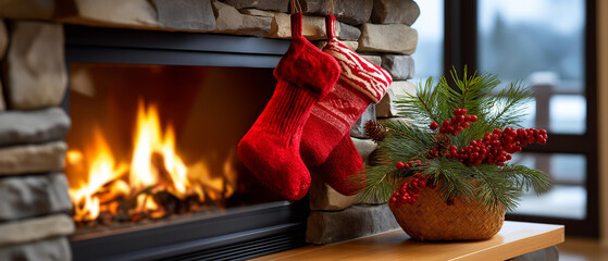 Fireplace mantel decorated with stockings and pine branches, home warmth, blurred background, with copy space