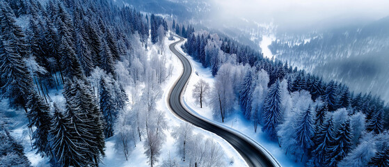Winter forest road seen from above, snow-covered trees forming patterns, aerial cinematic look, blurred background, with copy space