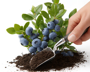 Hand fertilizing blueberry bush with measured scoop close-up