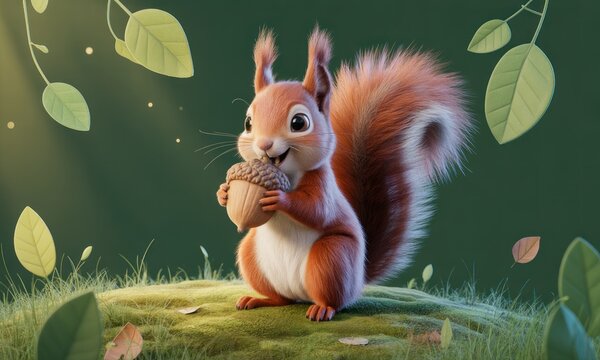 Cute squirrel holding acorn, lush green background