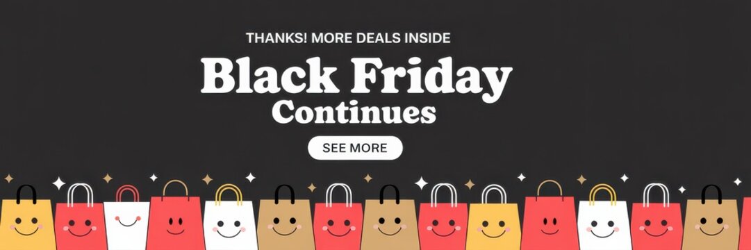 Black Friday Extended Banner &mdash; Flat Vector, Charcoal Background, Smiling Shopping Bags, See More CTA
