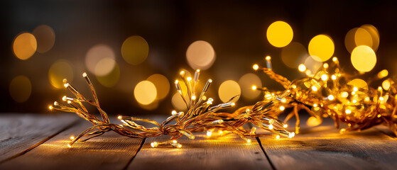 Festive garland lights on a dark wooden background, golden sparkle and bokeh, blurred background, with copy space