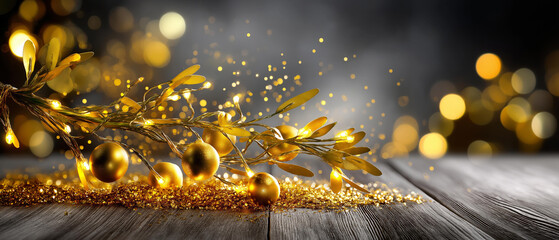 Festive garland lights on a dark wooden background, golden sparkle and bokeh, blurred background, with copy space