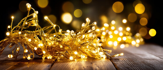 Festive garland lights on a dark wooden background, golden sparkle and bokeh, blurred background, with copy space