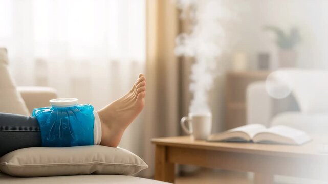 A person applying a cold ice pack to an injured ankle for pain relief. First aid for a sprain while resting at home. Recovery and self-care concept with animated steam