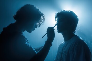 Dramatic silhouette of a makeup artist applying powder to a model's nose under blue light.