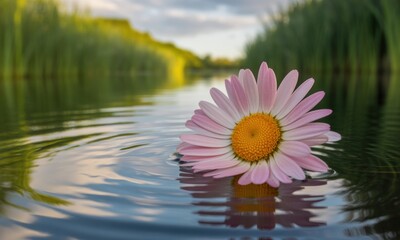 Delicate pink flower floats on tranquil water, serene landscape