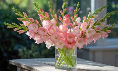 Delicate Pink Gladioli Clear Vase