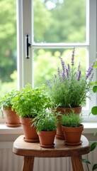 Fototapeta premium Several potted green herbs and lavender bloom on a rustic wooden stool near a bright window. Indoor balcony garden setting offers fresh ingredients and natural home decor.
