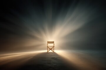 Director's chair dramatically lit by radiating beams in a dark, empty stage setting.