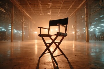 Naklejka na ściany i meble Director's chair in a dramatic, empty film studio with warm and cool lighting Naklejka na ściany i meble Director's chair in a dramatic, empty film studio with warm and cool lighting
