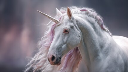 Fototapeta premium A captivating close-up captures the majestic essence of a mythical creature with a spiraled horn, embodying purity and grace against a soft, dreamy backdrop.