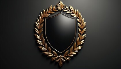 Black shield bordered by ornate gold leaves and floral elements against dark background. Symbolizes prestige, award, or family crest with luxury feel.