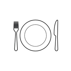 Simple line drawing of a plate with fork and knife