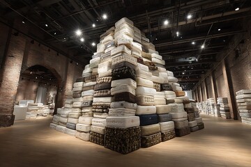 A towering pile of mattresses stacked high, either for storage or as part of an industrial or creative display.