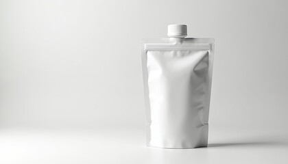 Blank white stand up pouch mockup on white background. Plastic container for liquid food product. Modern flexible package with cap ready for design. Smooth surface and portable doypack.