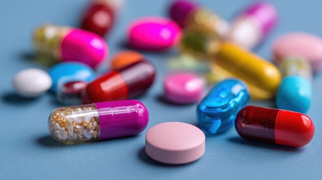 Colorful assortment of various pharmaceutical pills and capsules scattered on a blue surface.
