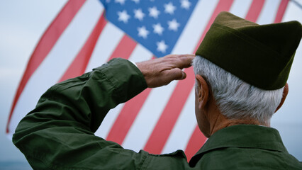 USA Flag Wawing Over The Sea In Front Of A Retired Soldier