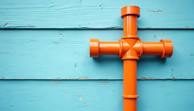 Orange metal pipe junction forms cross shape. Pipes connect on weathered blue wooden wall. Industrial construction element with visible texture. Bright color contrast.