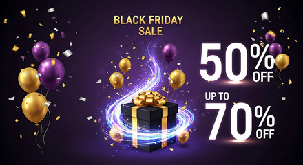 Fototapeta premium Black Friday Sale with Gift Box Balloons and Confetti 1