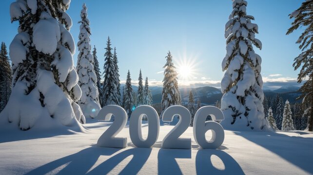 Snow covered evergreen trees and mountains with the year 2026 carved in snow in bright winter sunlight